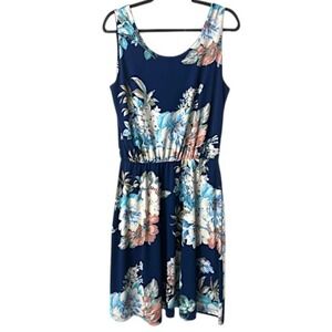 Floral Print Dress S Navy Blue Elastic Waist Stretchy Coquette Cottagecore Beach